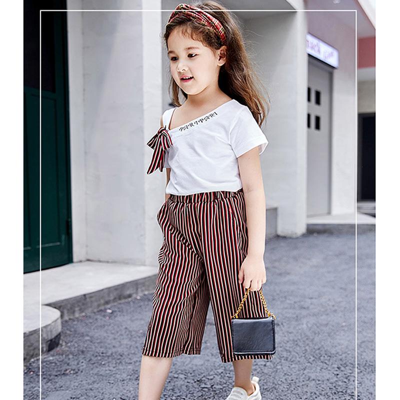 Детские повседневные летние футболки с короткими рукавами для девочек + шорты в полоску с принтом, комплект костюмов из 2 предметов