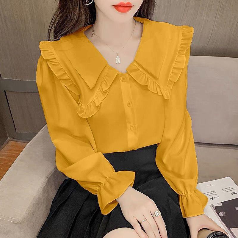 Solid Color Shirt for Women Spring Autumn New Design Sweet Fungus Edge Doll Collar Long-sleeved Top