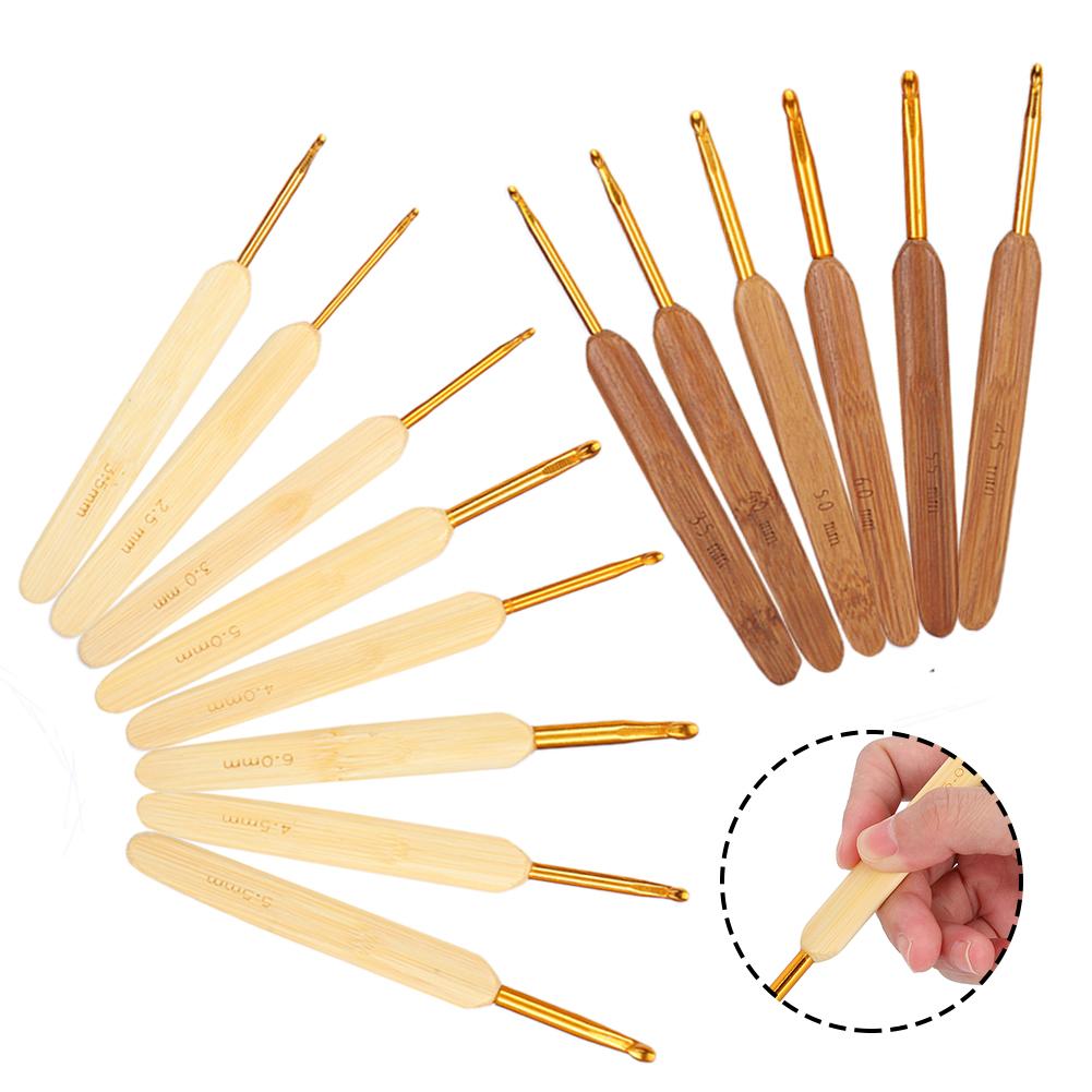 14PcsSet Gold Head Crochet Hook Pen Type Bamboo Carbonized Handle Knitting Needle