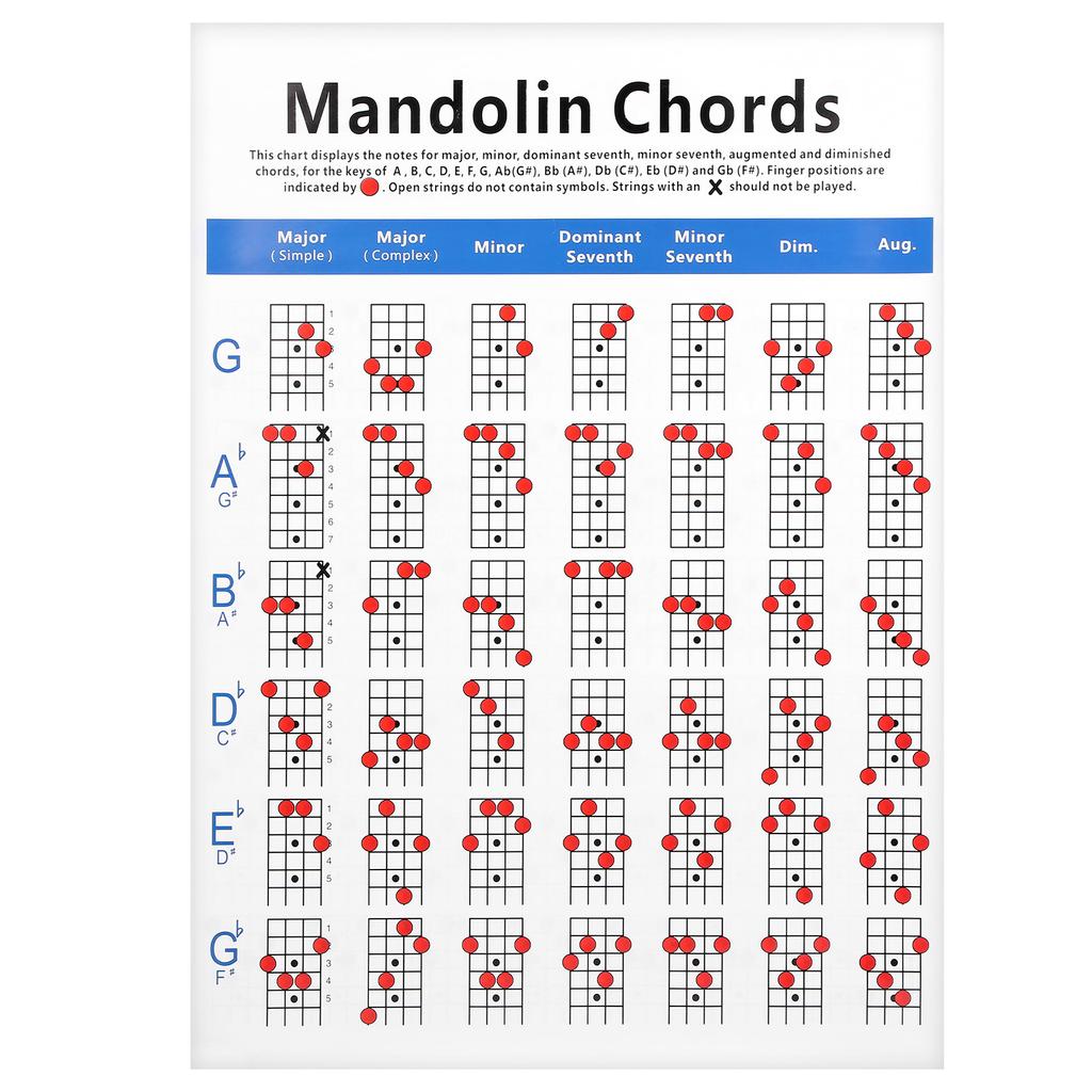 Practical Mandolin Chord Chart Fretboard Notes Coated Paper for Beginners Adult Kid
