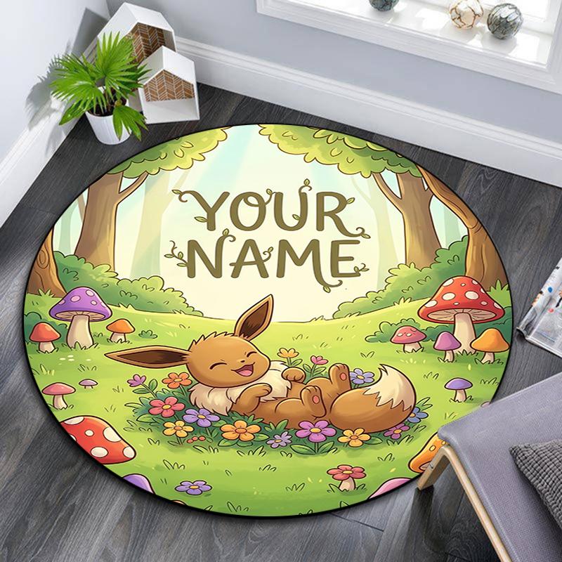 Custom Name,Eevee pattern round rug,Carpet Rug for Living Room Bedroom Playroom ,Non-slip Floor Mat,Holiday Gifts and Birthday Gifts.