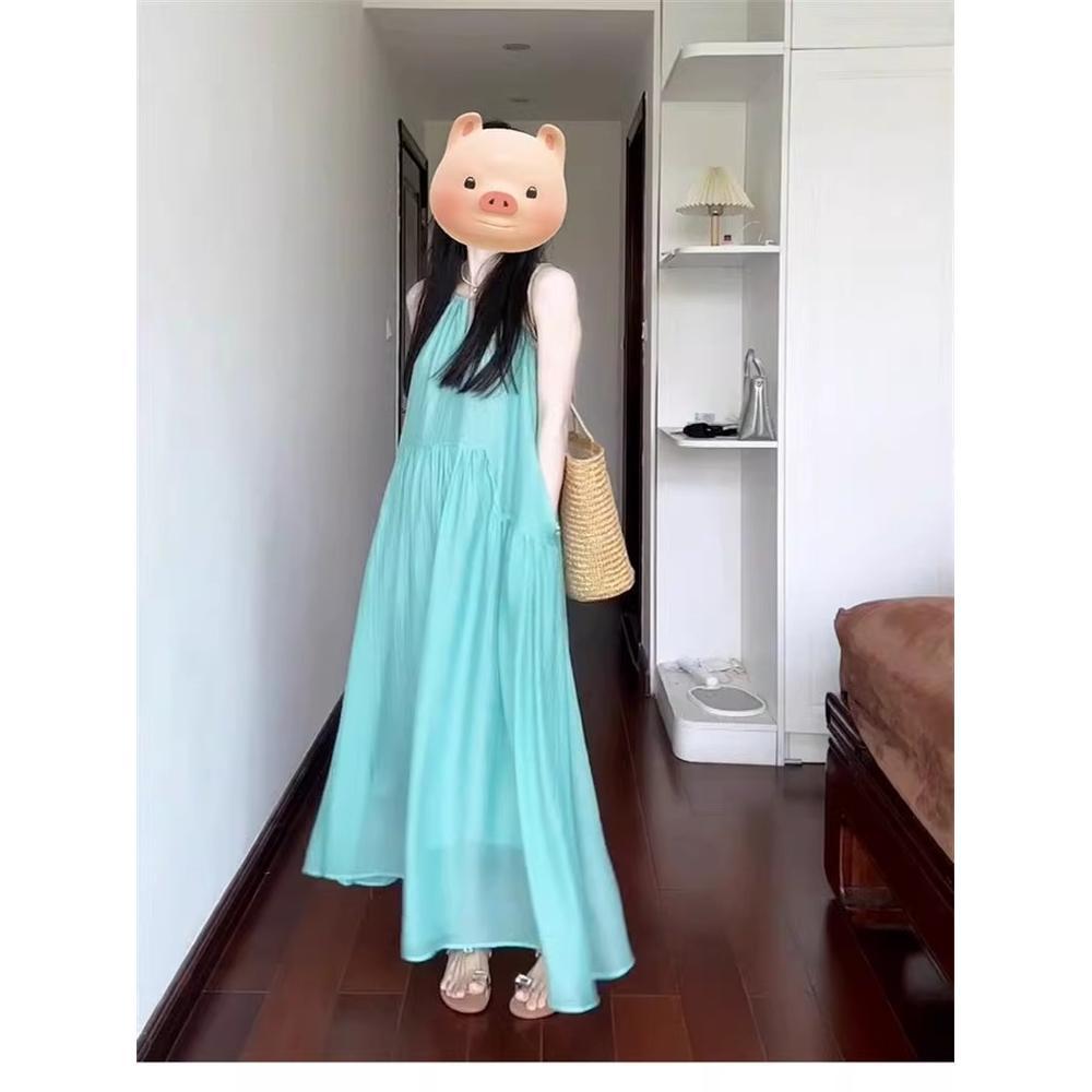 Курортное платье маленький свежий простой милый халтер фото плиссе большой клеш пляжное платье-комбинация