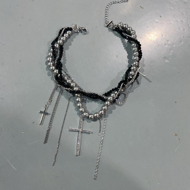 Gothic Layered Cross Necklace - Punk Fringe Choker with Beaded Detailing