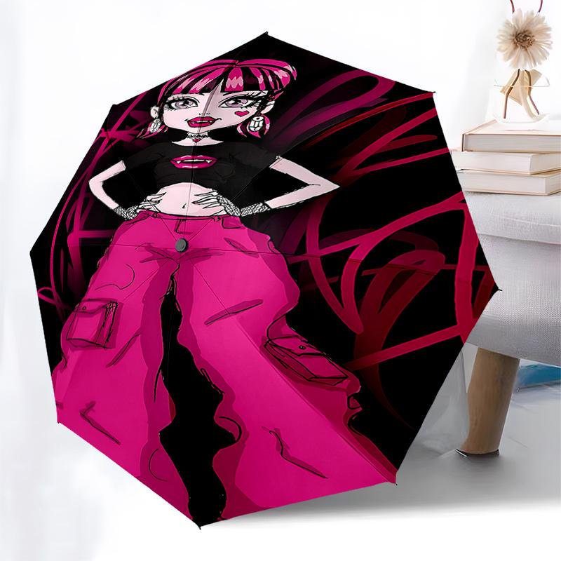 Vampire Chic: Pink Heart Print Umbrella - Automatic Opening, Foldable Design, 8-Rib Structure, Ideal Gift for Fans and Travelers0104422a