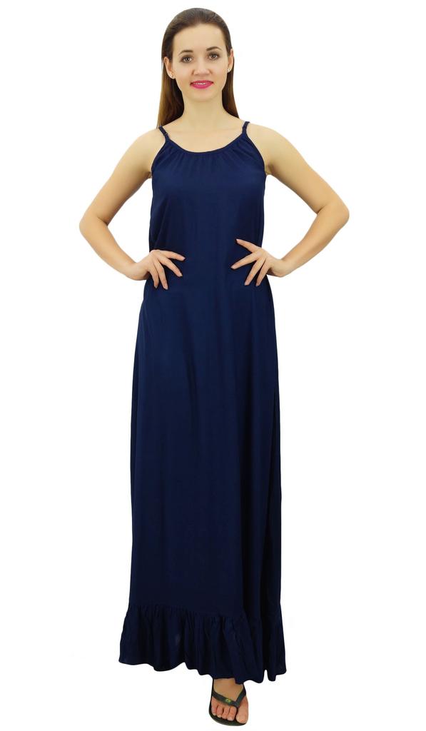 Bimba Women Rayon Night Gown Navy Blue Full Length Long Maxi Spaghetti Strap Sleep