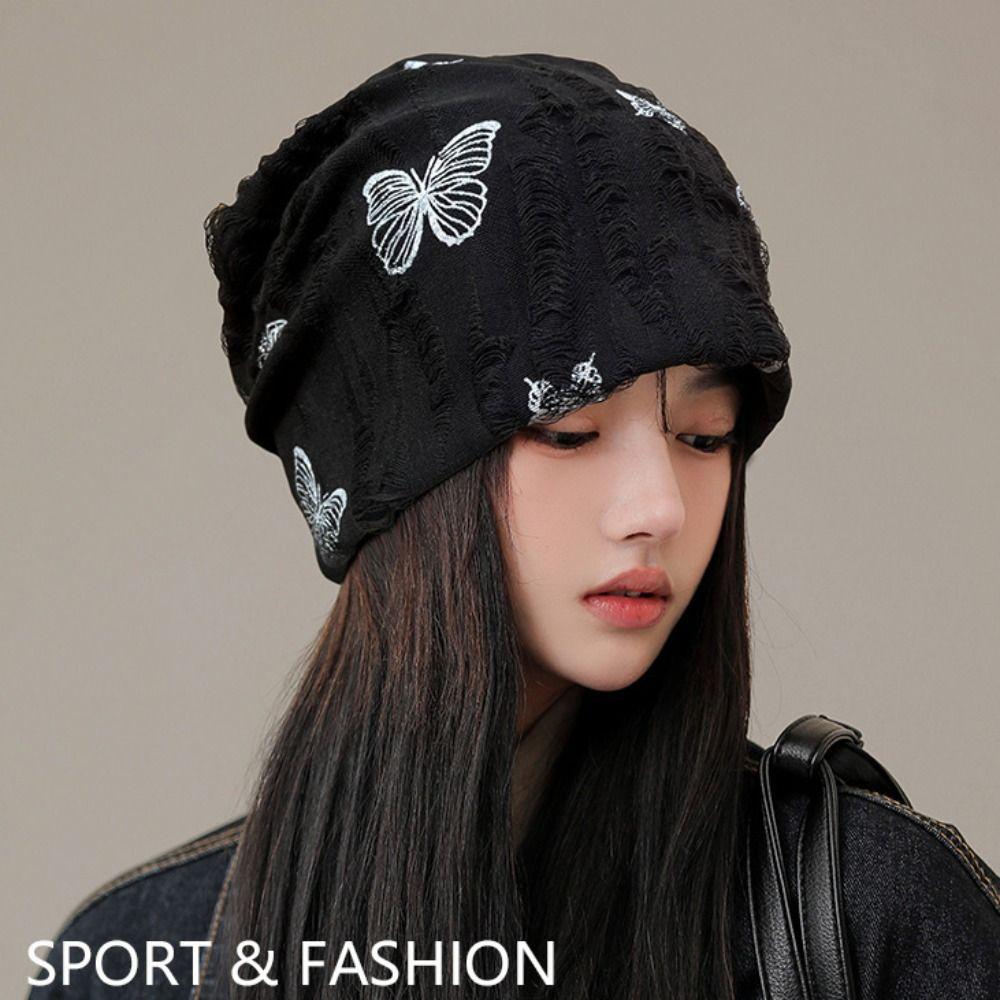 Korean Style Butterfly Print Beanies Thin Knitted Hat Harajuku Hair Caps Outdoor