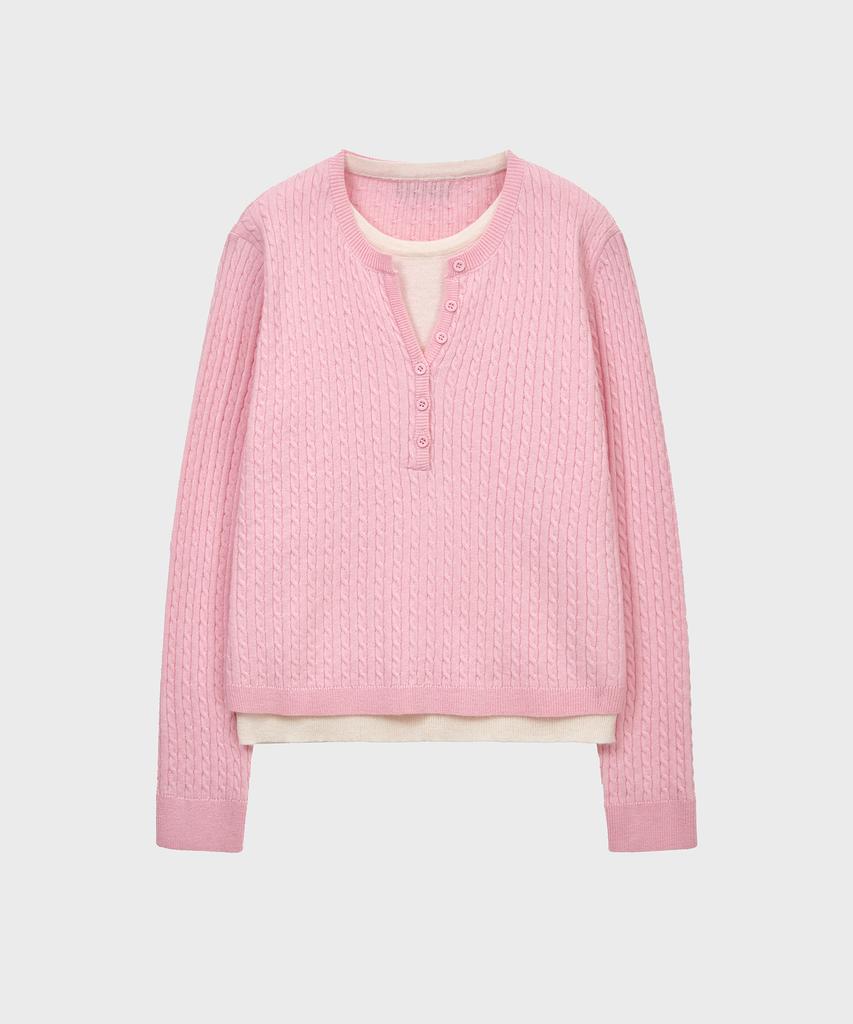 NOIRER FOR WOMAN Layered Henley Neck Signature Cable Knit (Pink)