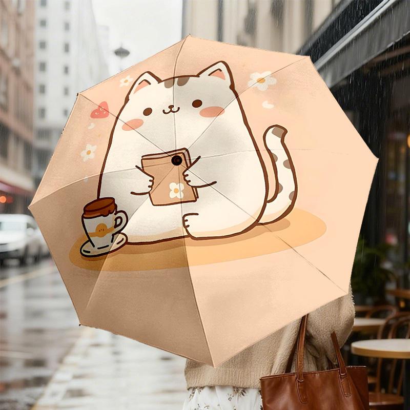 Очаровательный Кот с Кофе и Книгой: Милый компаньон на каждый день Зонт с автооткрытием/закрытием, Аксессуар для путешествий на открытом воздухе, Легкий и прочный 118