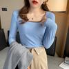 Long-sleeve T-shirt for Women Spring and Autumn Bottom Blouse Slim Knitted Patchwork Square Neck Top