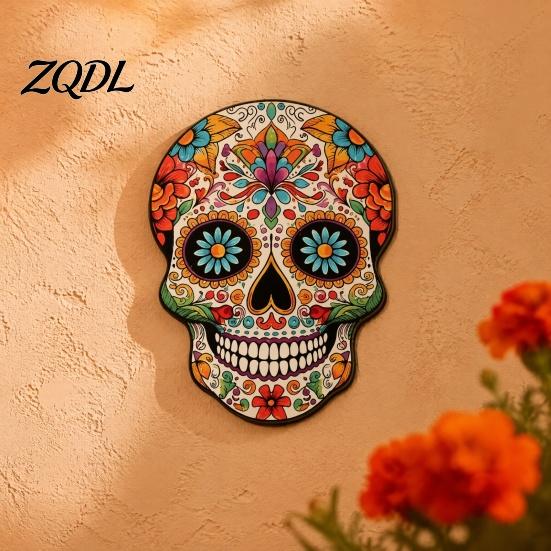 Floral Exotic Home Ornament Day of The Dead Sugar Skull Hanging Sign, Hand-Painted Mexican Calavera Wood Handcrafted Plaque Plaque, Tabletop
