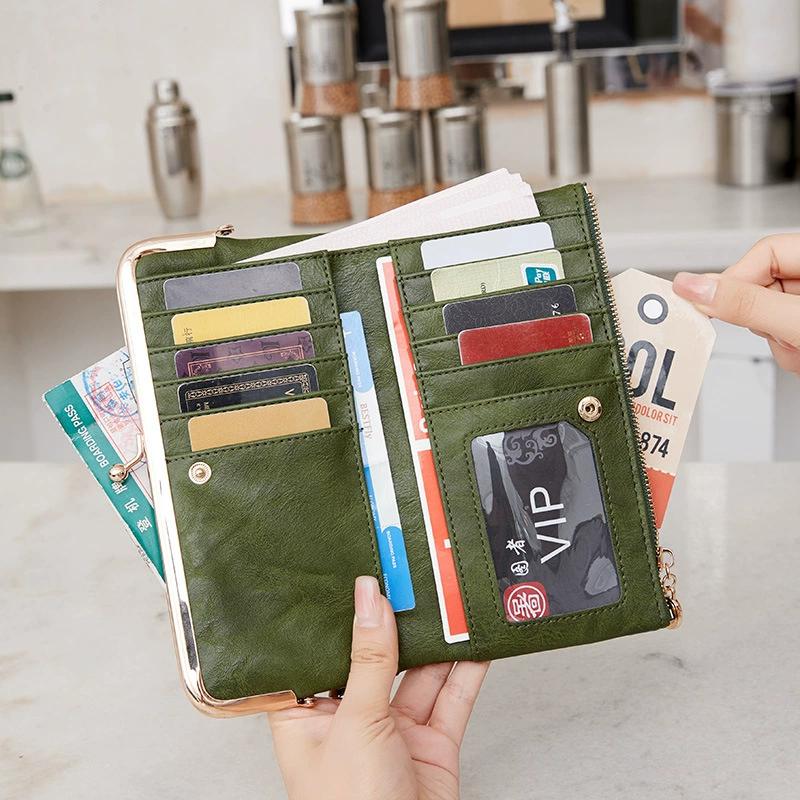 Ретро Женский Кошелек Однотонный Многофункциональный Длинный Кошелек Винтажный Клатч Кошелек для Монет Женский Держатель для Карт Кошелек на Молнии