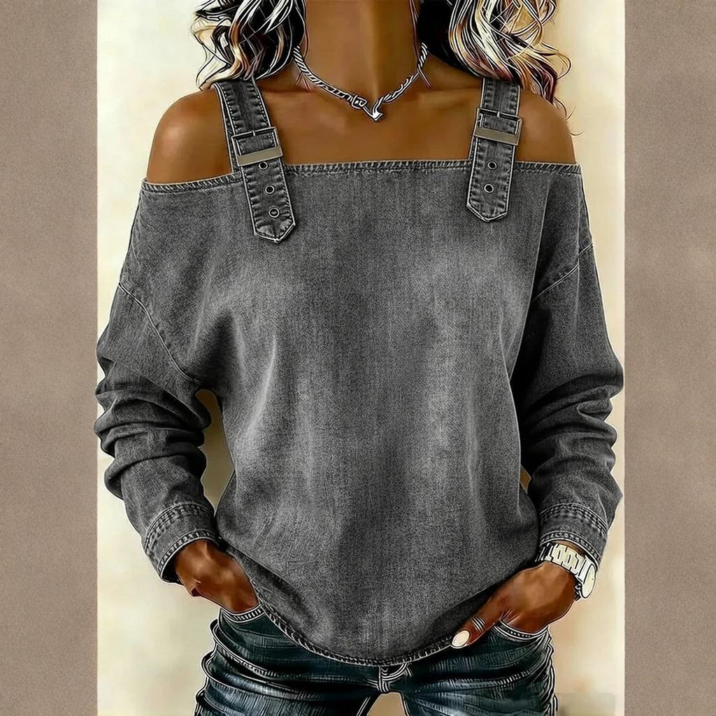 Женский элегантный и универсальный топ с открытыми плечами, длинными рукавами и бретелями.