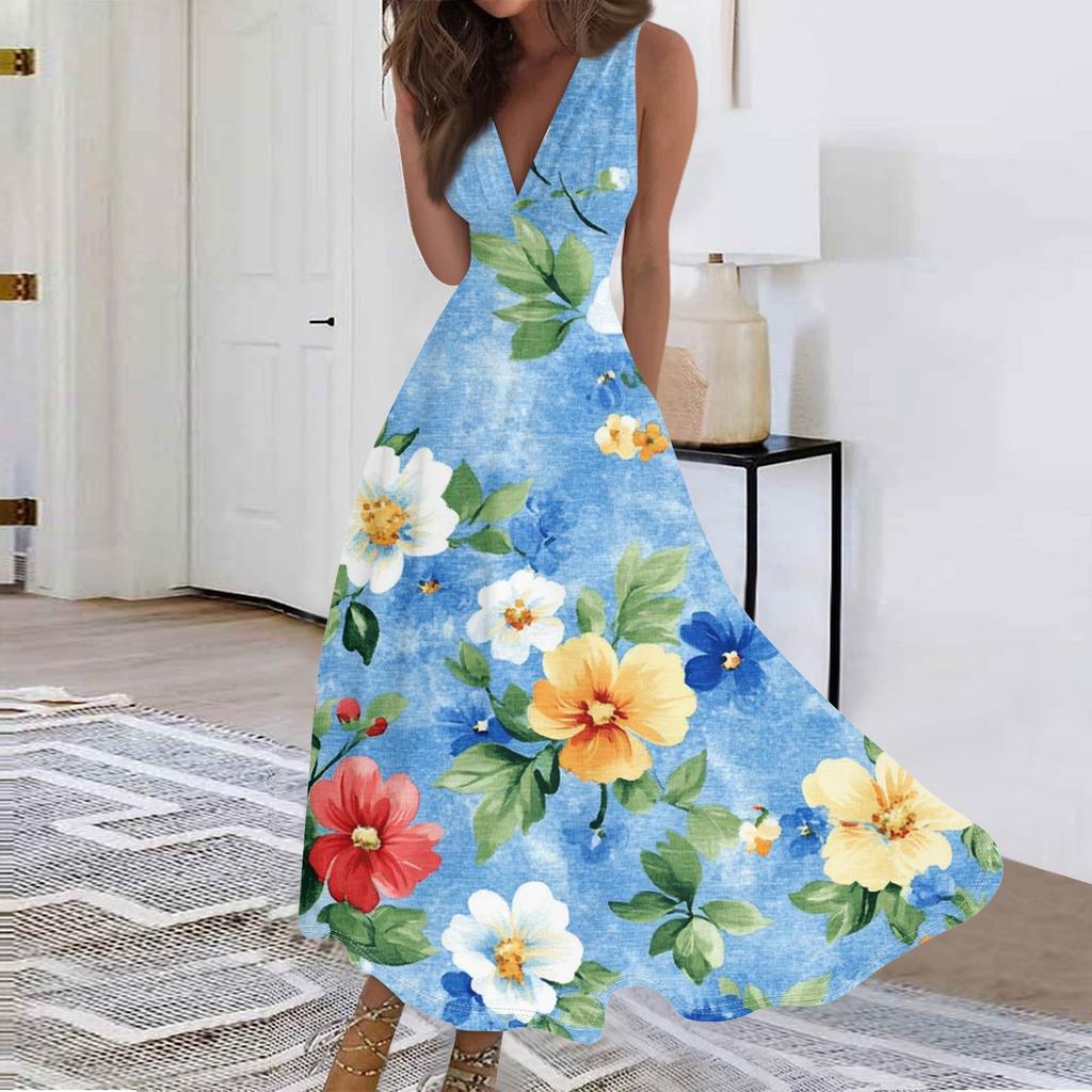 Женские модные повседневные свободные платья с V-образным вырезом без рукавов с принтом