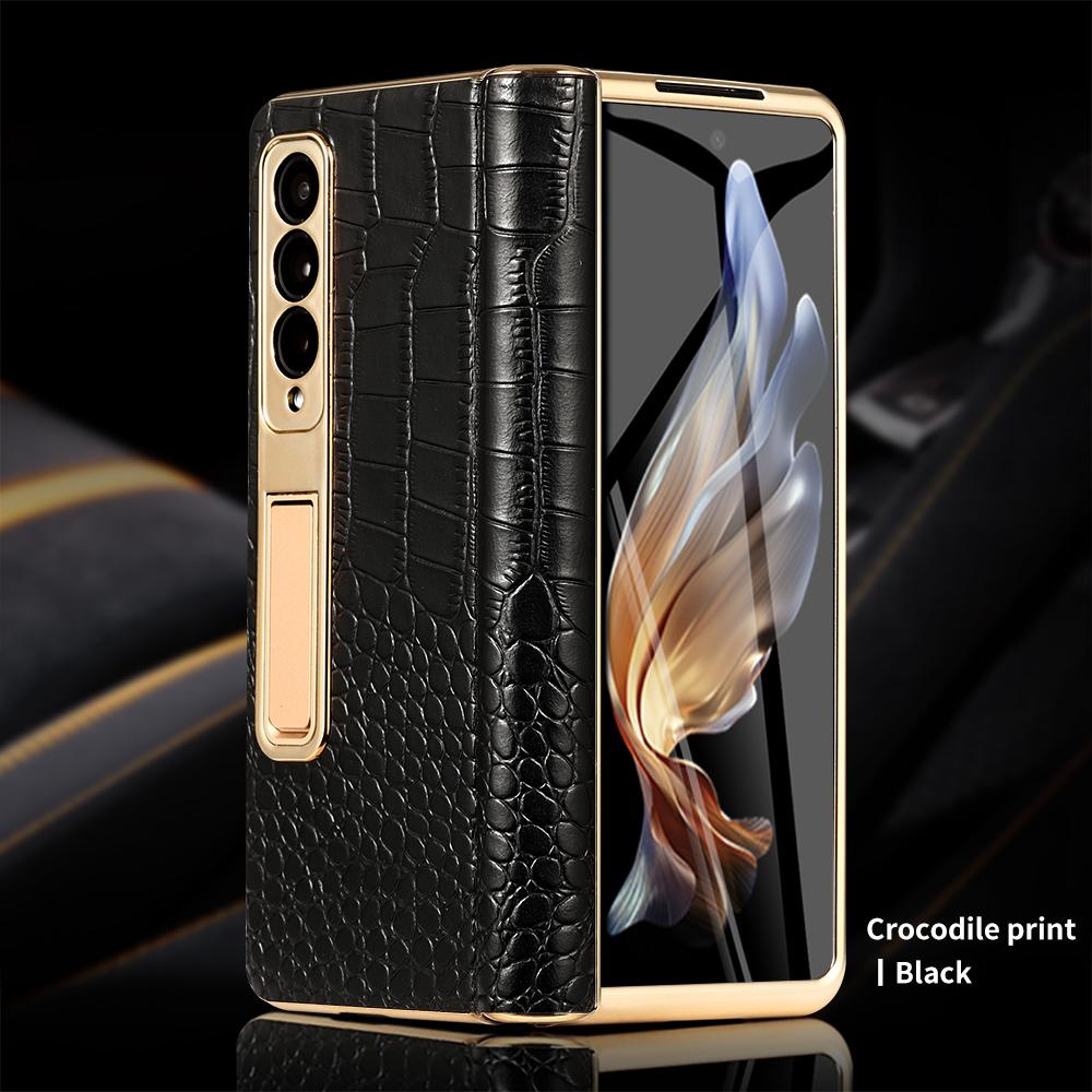 Кожаный чехол для телефона Samsung Galaxy Z Fold 6 5 4 3 Fold6 Fold5 с позолоченным магнитным шарниром и подставкой, задняя крышка с зеркальной пленкой