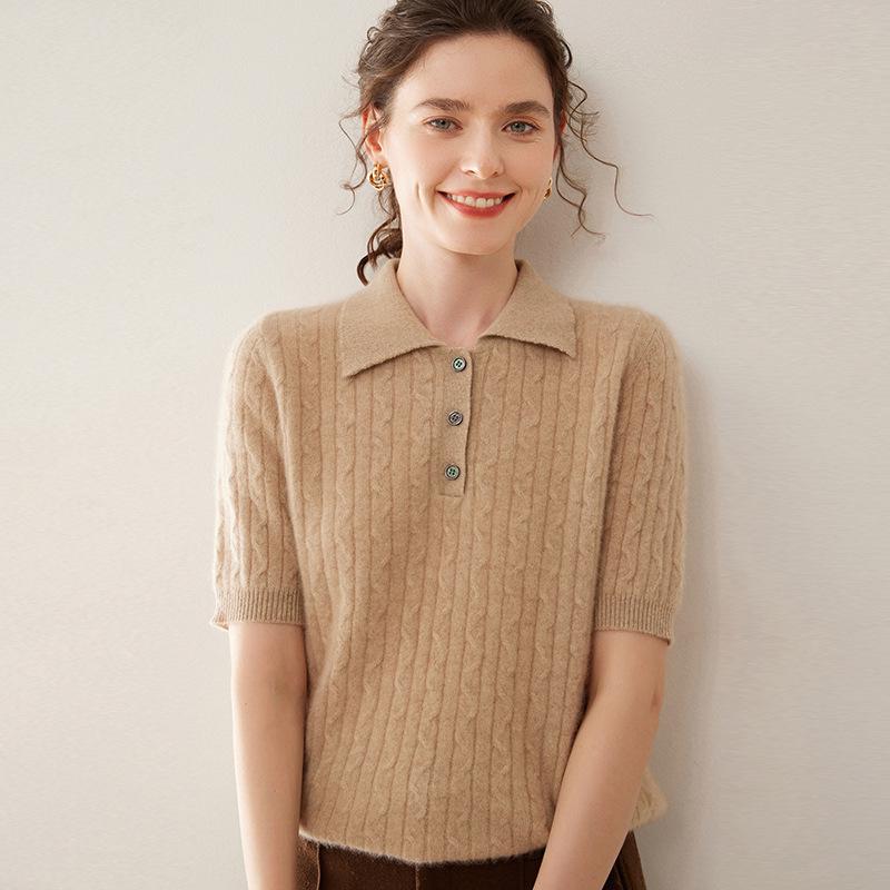 Short-Sleeve Women's Cashmere Polo with Lambswool Collar, Loose Fit, Versatile Cable Knit.