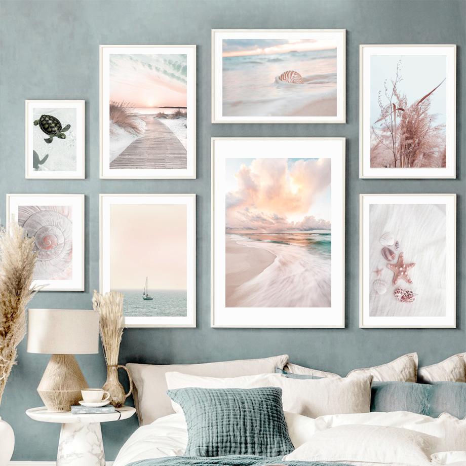 Wall Art Print Calm Beach Waves Raft Road Turtle Shells Reed Canvas Painting Nordic Poster Decoration Pictures For Living Room