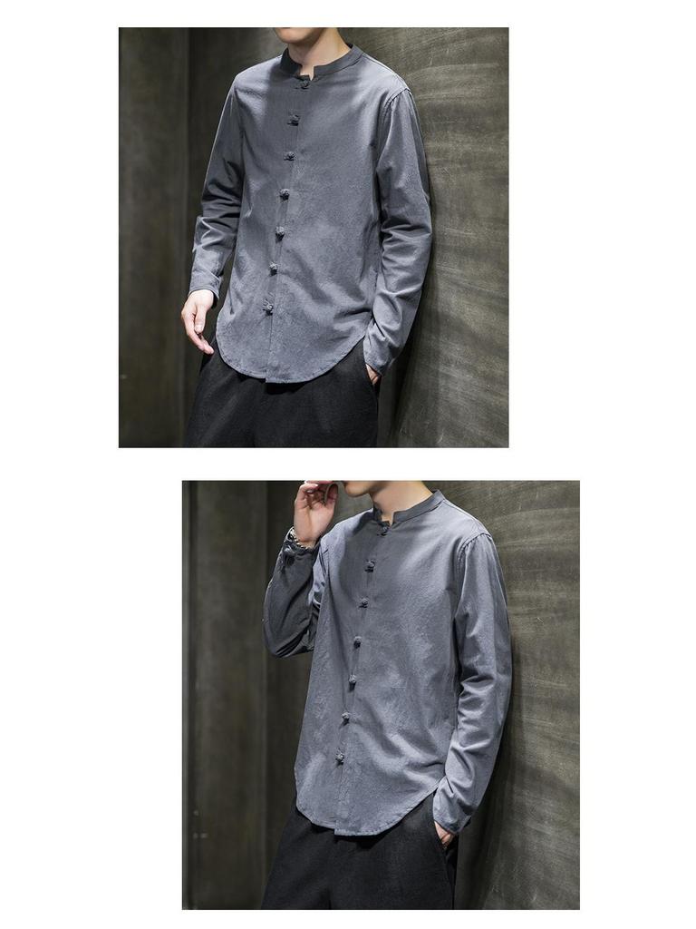 Мужская повседневная рубашка из хлопка и льна в китайском стиле 2023 года — большой размер, однотонная, на пуговицах, коллекция весна/лето