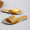 Fashion Casual Round Toe Flat Heel Metal Color Sandals Open Toe Slippers for Women Daily Wear Comfortable Slip On Oes Rubber Sole