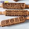 1 Pcs Wooden Christmas Rolling Pin with Reindeer Flower Patterns for Kitchen Pastry,DIY Baking Tools Embossed 3D Cookie Mold