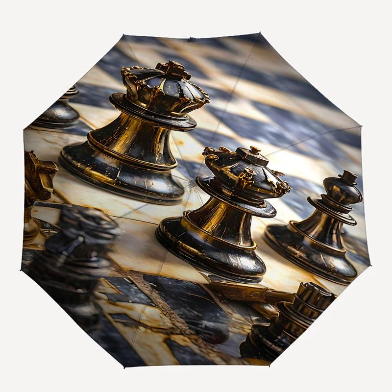 Chess, Strategy Themed Automatic Opening and Closing Umbrella, Brightly Colored 8-rib Portable Umbrella, Suitable for Men and Women, A Perfe
