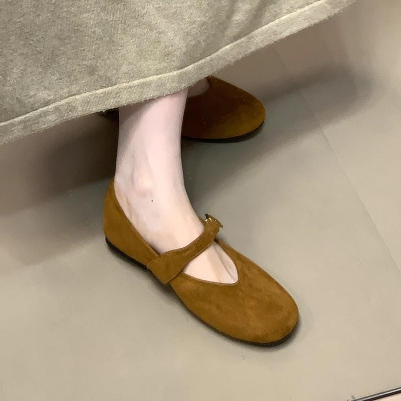 2025 осень новые замшевые туфли-лодочки с мелким вырезом, туфли Мэри Джейн на плоской подошве в универсальном стиле феи, туфли бабушки