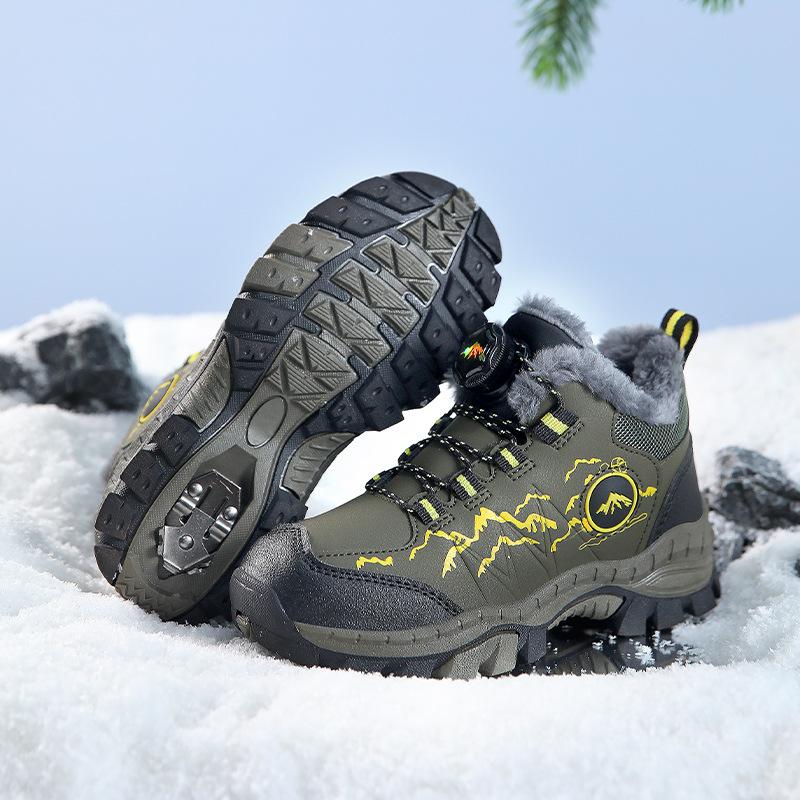 Classmate 2025 leather surface outdoor claw hook non-slip mountaineering hiking snow sports shoes medium and older children's warm rotating buckle