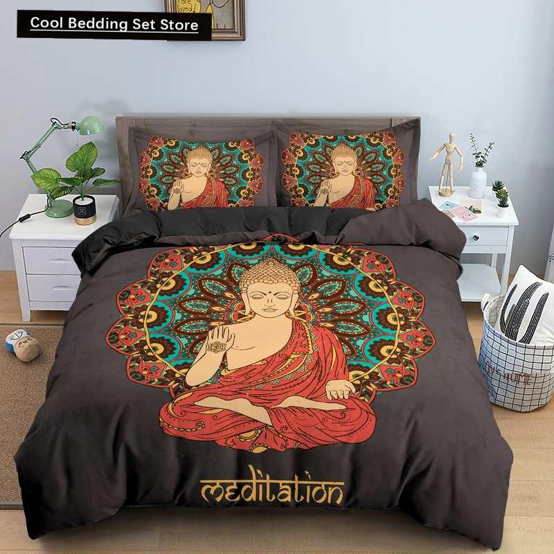 Комплект постельного белья Будда Индийская религия Буддизм Медитация Мандала Пододеяльник Улыбка Будды Цветочный мягкий пододеяльник Queen King Size