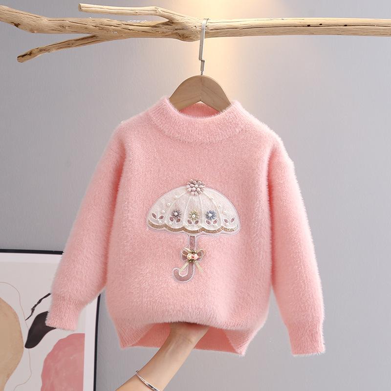 Child Sweater Autumn Winter Pullover Tops Girls Round Neck Sweaters Velvet Cartoon Long Sleeve Knitted Shirt