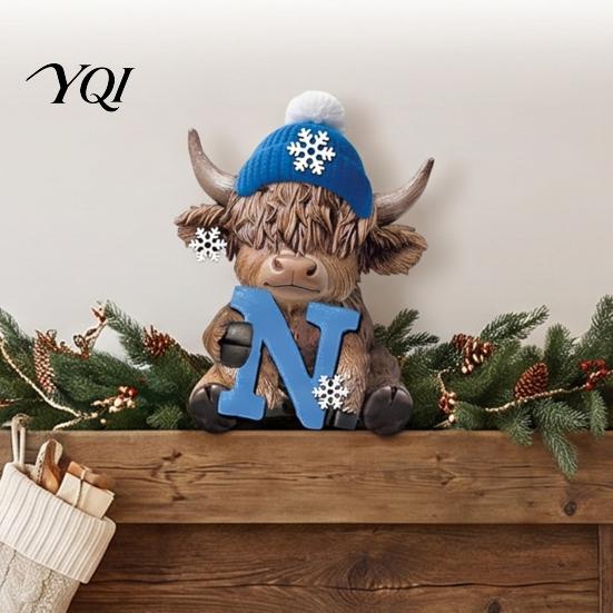 Interior Decoration Pieces 4Pcs Christmas Highland Cow Figurine, Winter Blue Yak Statues with Snowflakes Xmas Handmade Holiday Decor Hats, Farmhouse