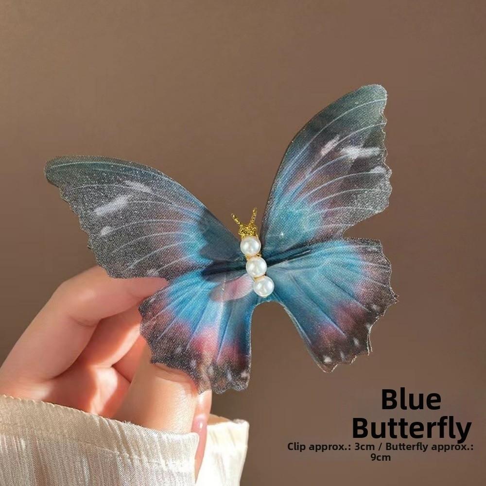 New Pearl Butterfly Hair Clips Dreamy Blue Ponytail Headdress Mesh Lace Butterfly Hairpins Hair Accessories