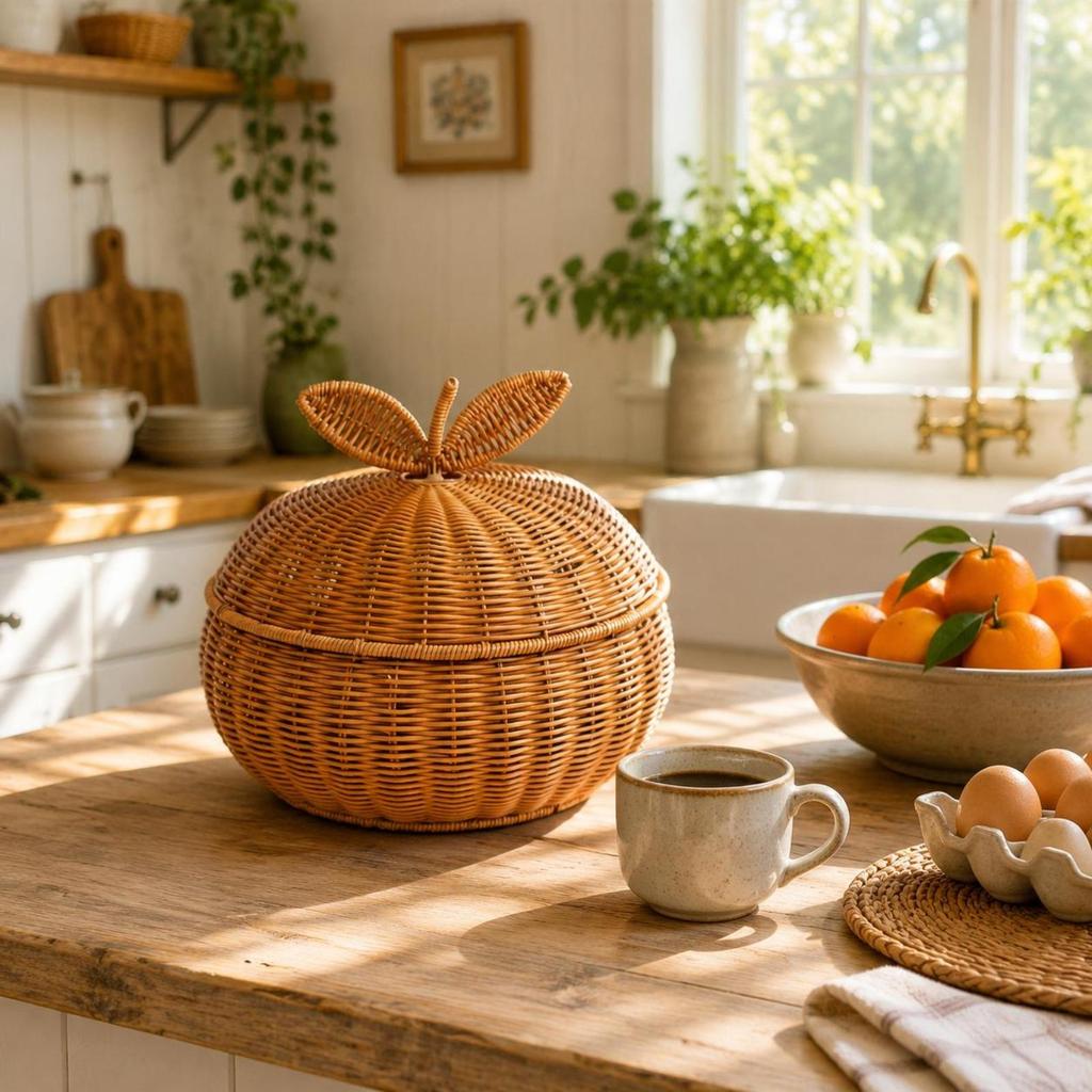 Orange-Shaped Storage Basket Decorative Wicker Box with Lid Rustic Design