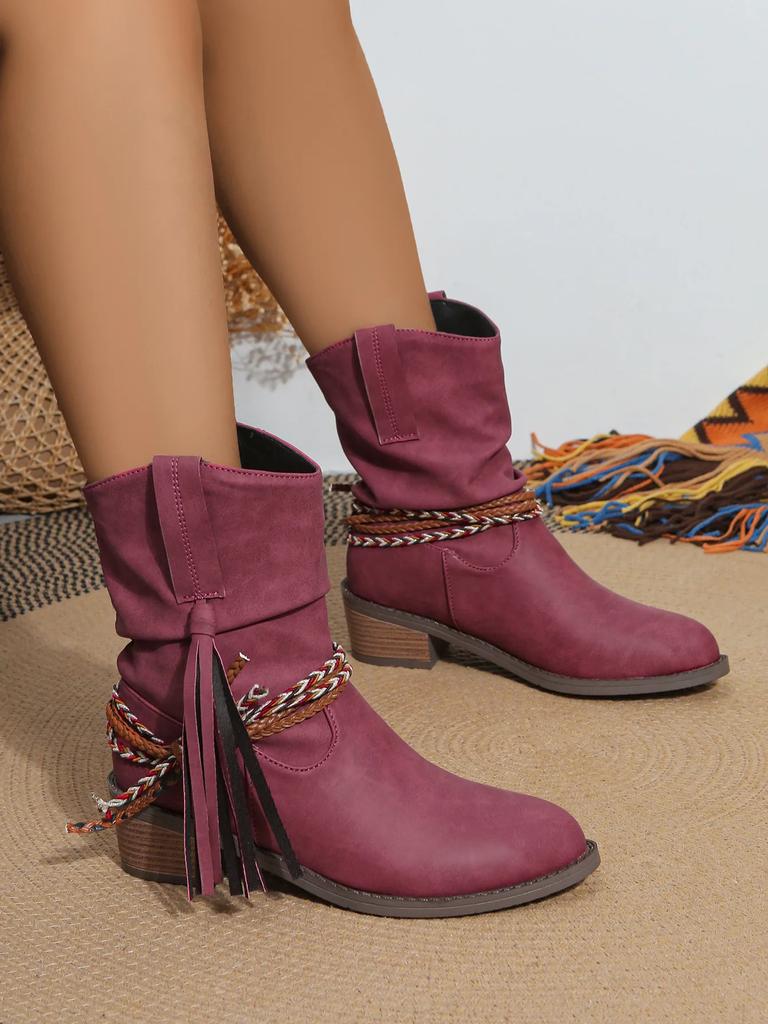 Пиратские сапоги женские плиссированные кисточки до середины голени женские с острым носком на толстом каблуке короткие женские без застежек большого размера 43