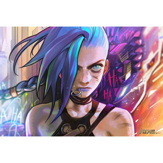 Рамка из цельного дерева, настенное искусство, популярная игра Jinx League of Legends Arcane, постер телесериала, холст, картина для гостиной, любителей игр, домашний декор