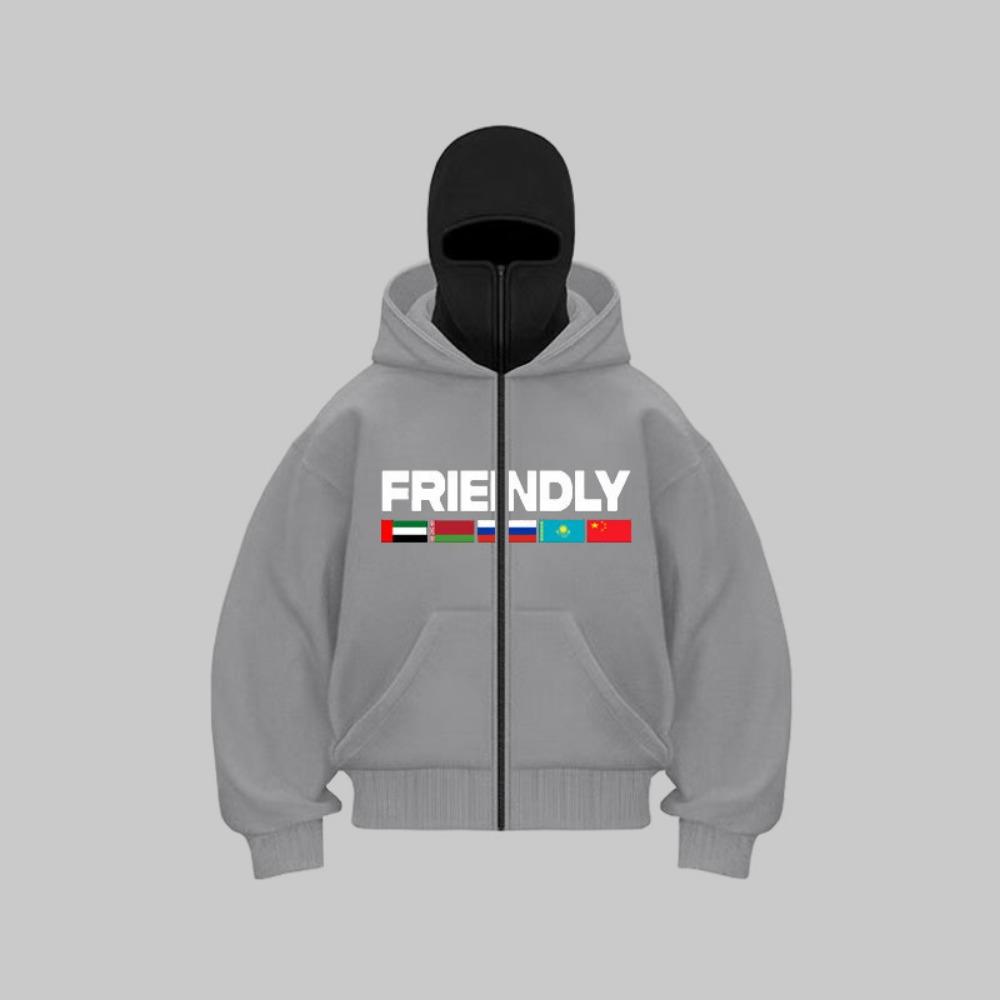 Толстовка с двойным капюшоном-маской в стиле кэжуал, уличная мода, с принтом букв и флага, Y2K, для мужчин и женщин