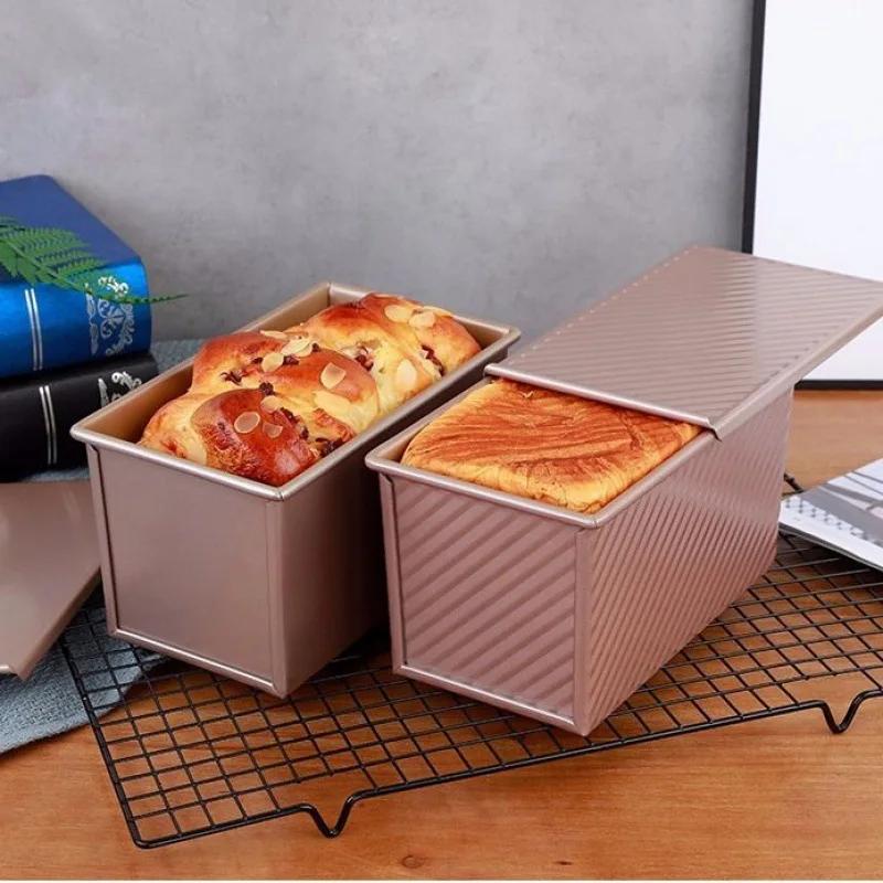 Loaf Pan with Lid 1 Lb Non-Stick Bread Pan Carbon Steel Rectangle Corrugated Toast Box Mold Cake Mold