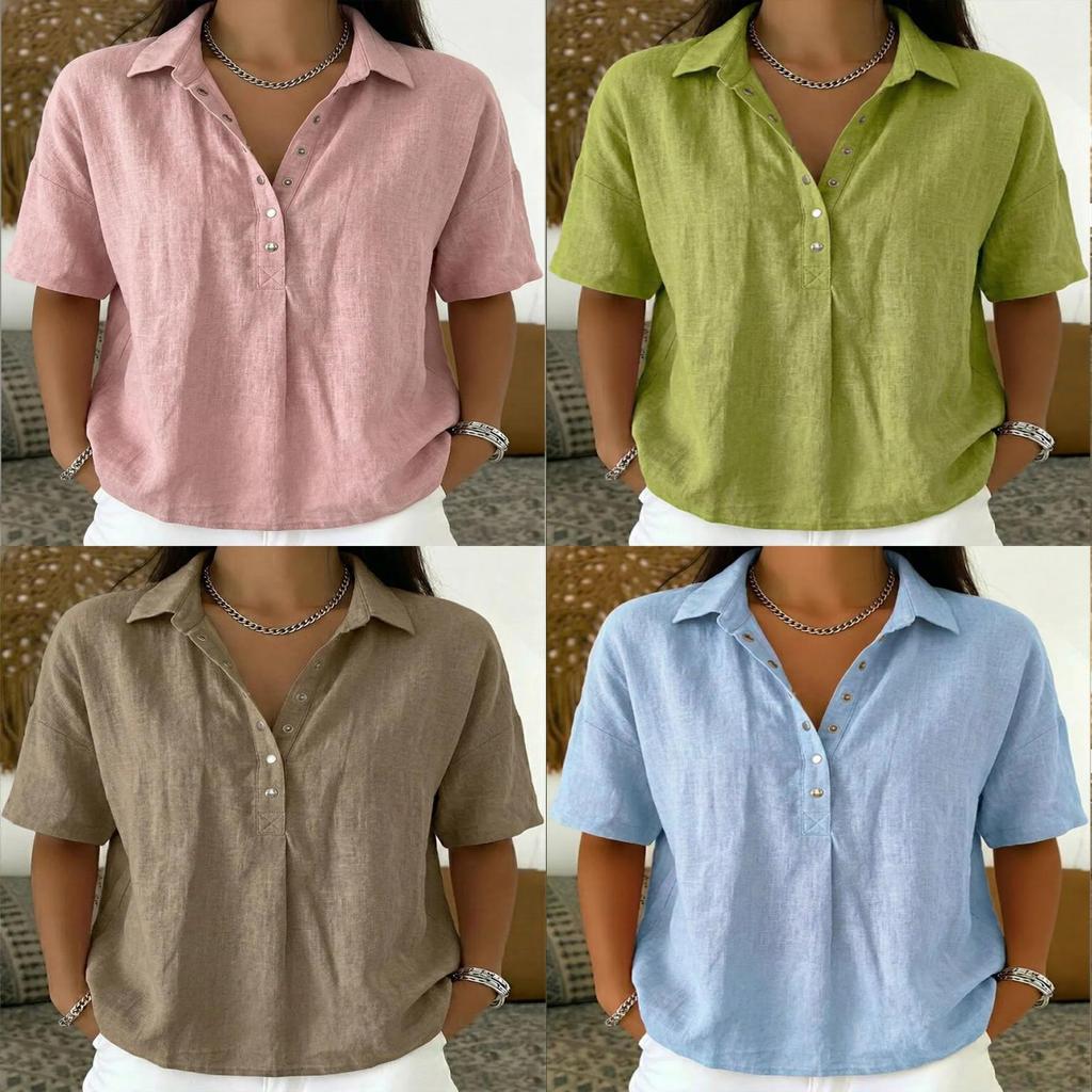 Casual Linen Shirt For Women With Turndown Collar And Short Sleeves For Summer Comfort