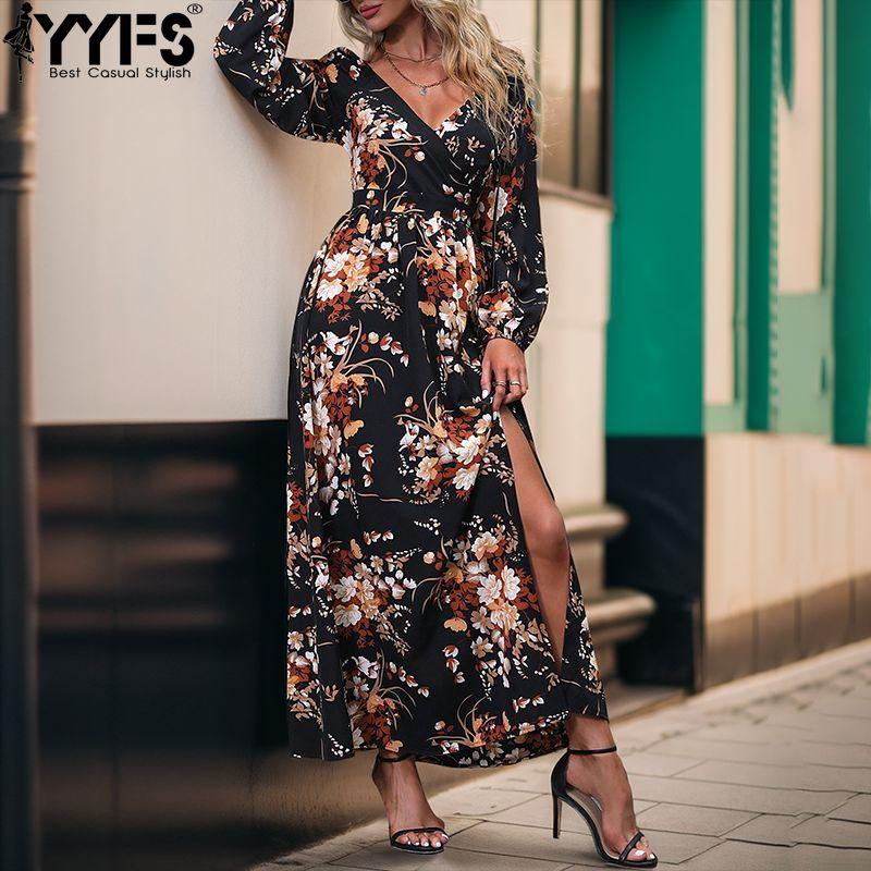 YYFS Women's Fashion Spring Fall Flower Pattern Print Long Sleeve V-Neck High Waist Casual Dresses