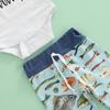 Newborn Three-Piece Outfits, Letter Print Short Sleeve Romper + Colorful Fishes Patchwork Drawstring Trousers + Knotted Hat