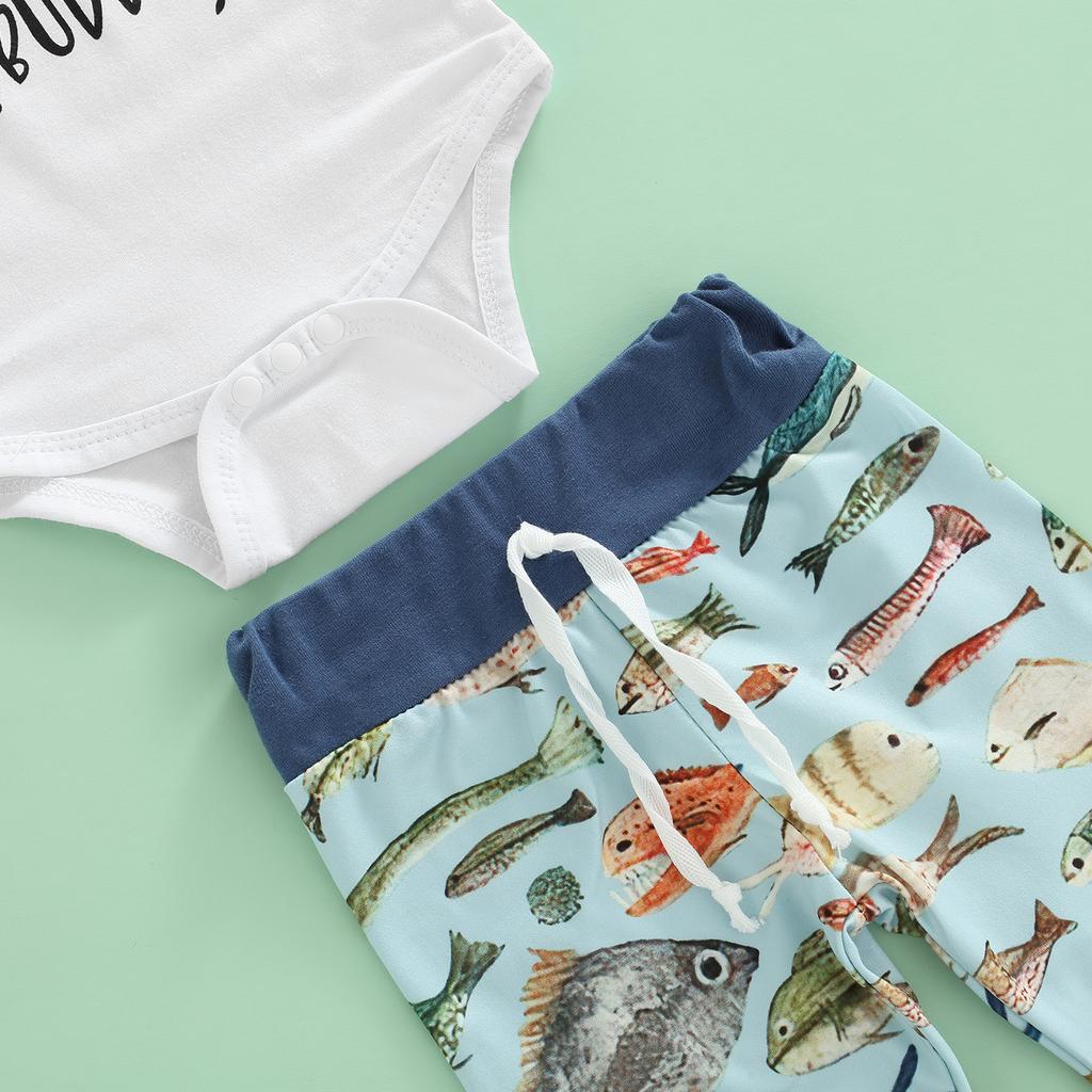 Newborn Three-Piece Outfits, Letter Print Short Sleeve Romper + Colorful Fishes Patchwork Drawstring Trousers + Knotted Hat