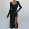 2022 Spring Autumn Sexy French Slit Fashion Women Midi Dress Casual Basic Square Collar Split Vintage Long Sleeve Slim Dress