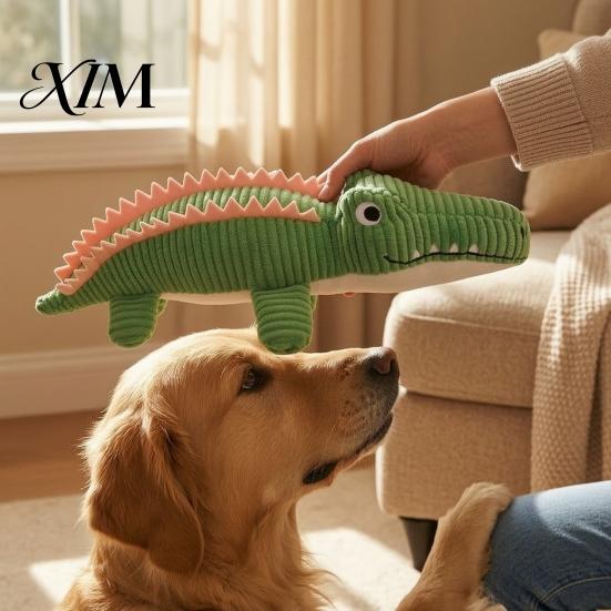 Interactive Play Toys for Indoor Outdoor Use Corduroy Crocodile Dog Toy, Squeaky Plush Chew Soft Puppy Teething Stuffed Animal Small to Medium