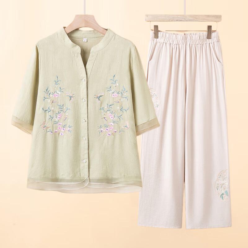 Red Bean Mama Women's Embroidered Cotton Linen Summer Set