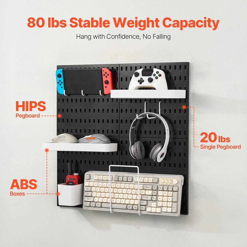 Pegboard Combination Kit 11 x 11" Plastic Pegboard 4 Panels for Home Black