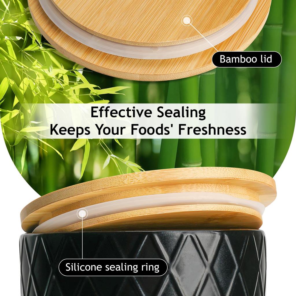 Набор из 3 керамических контейнеров для кухни MIAMIO с деревянной герметичной крышкой. Идеально подходит для хранения: кофе, чая, сахара, муки, соли и т. д.. (черный)