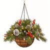 Christmas Hanging Basket Garland with White LED Light Red Berries Pine Cones Snow for Door Window Home Decoration Xmas Gift