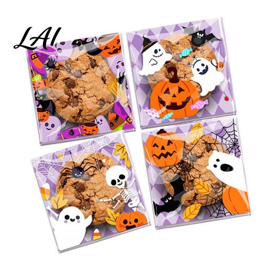 Self Adhesive Treat Bags 100 Pcs Small Halloween Bags Seal Clear Candy Dessert Snack Cookie Trick or Party Favors for Holiday Cute Cartoon Pouches