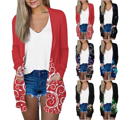 Рождественская женская модная повседневная куртка-кардиган средней длины с длинным рукавом и принтом