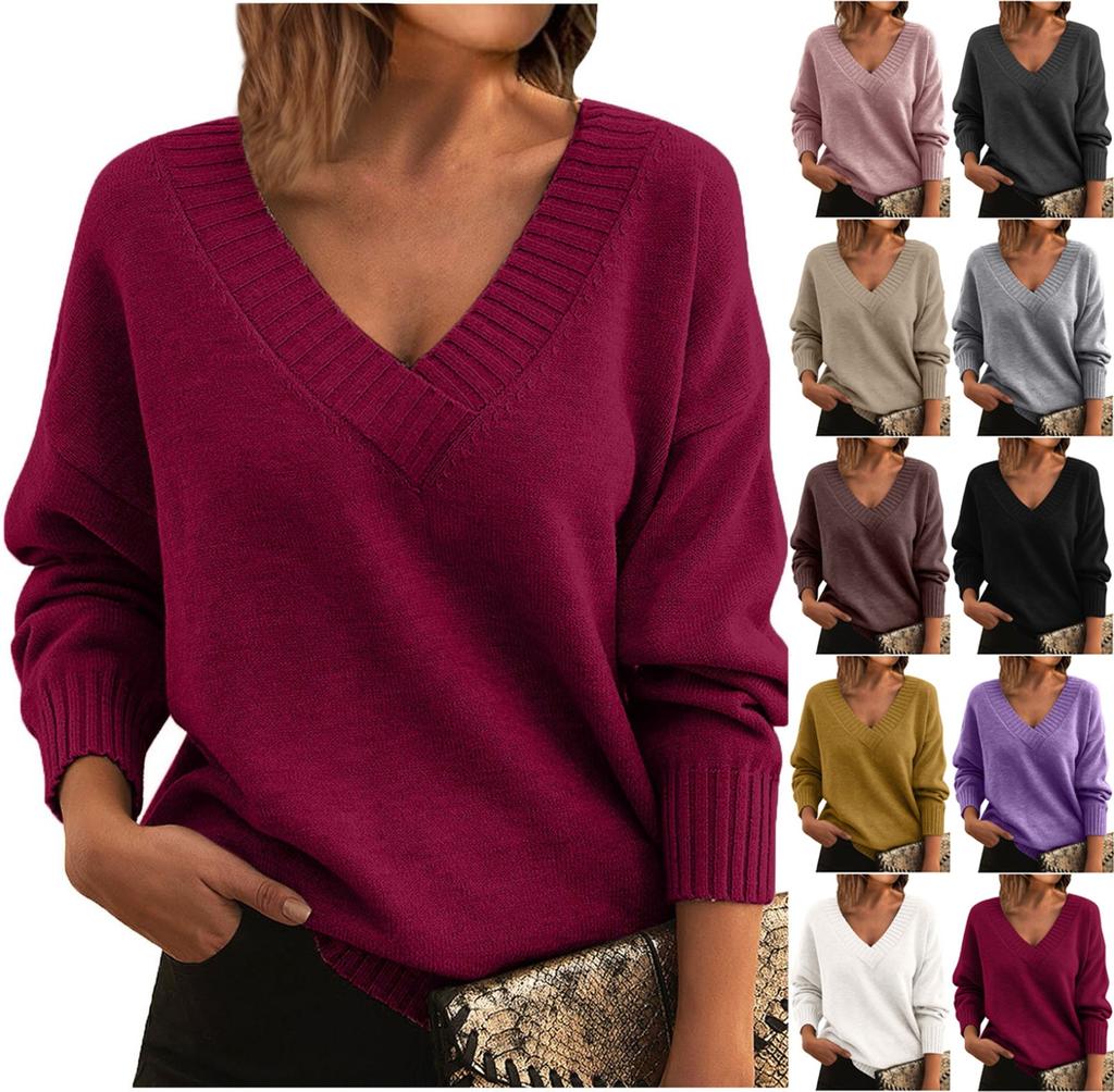 Women's Fashion Casual Solid Color Sweater Set Head V Neck Warm Long-sleeved Sweater