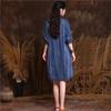 Johnature Retro Pocket Devise Cotton Casual Solid Color A-Line Dress Half Sleeve V-Neck Loose Vintage Style Embroidery Dress