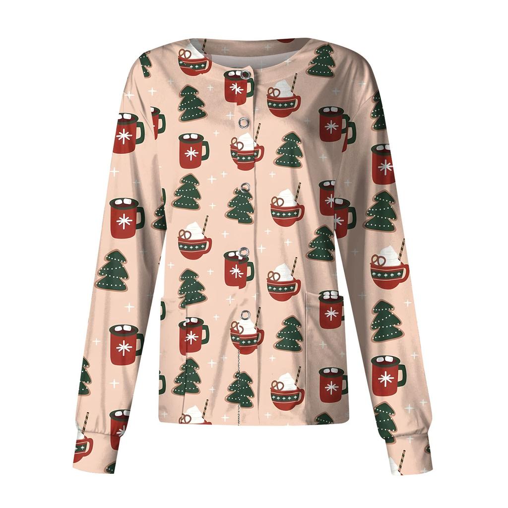 Женская повседневная модная однобортная куртка с длинным рукавом и стоячими лацканами с рождественским принтом, защитная рабочая куртка